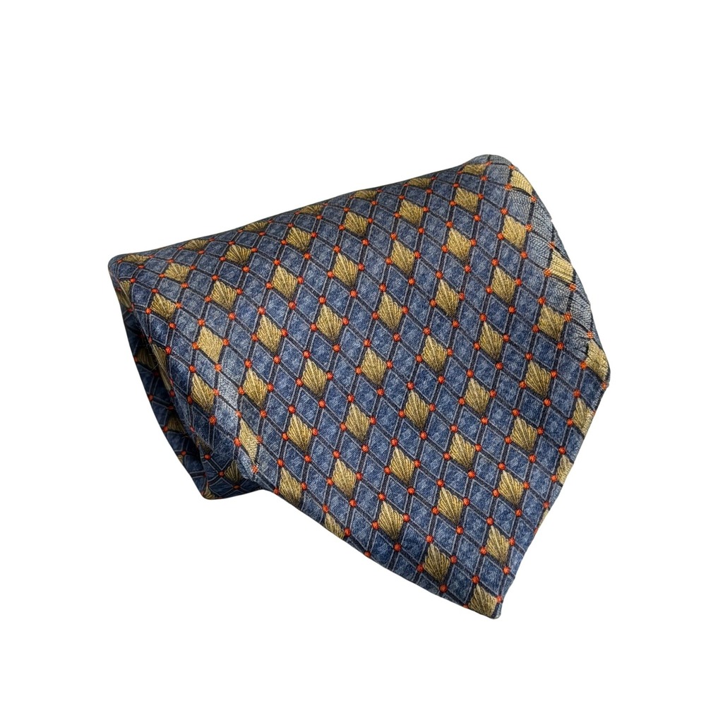 VTG Faberge Necktie Blue Gold Diamond Geometric Shell Pattern Silk‎ Classic Mens